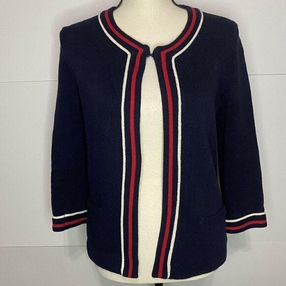 Talbots Petite Small Navy Open Front Cardigan Red White Trim EUC - Picture 1 of 6